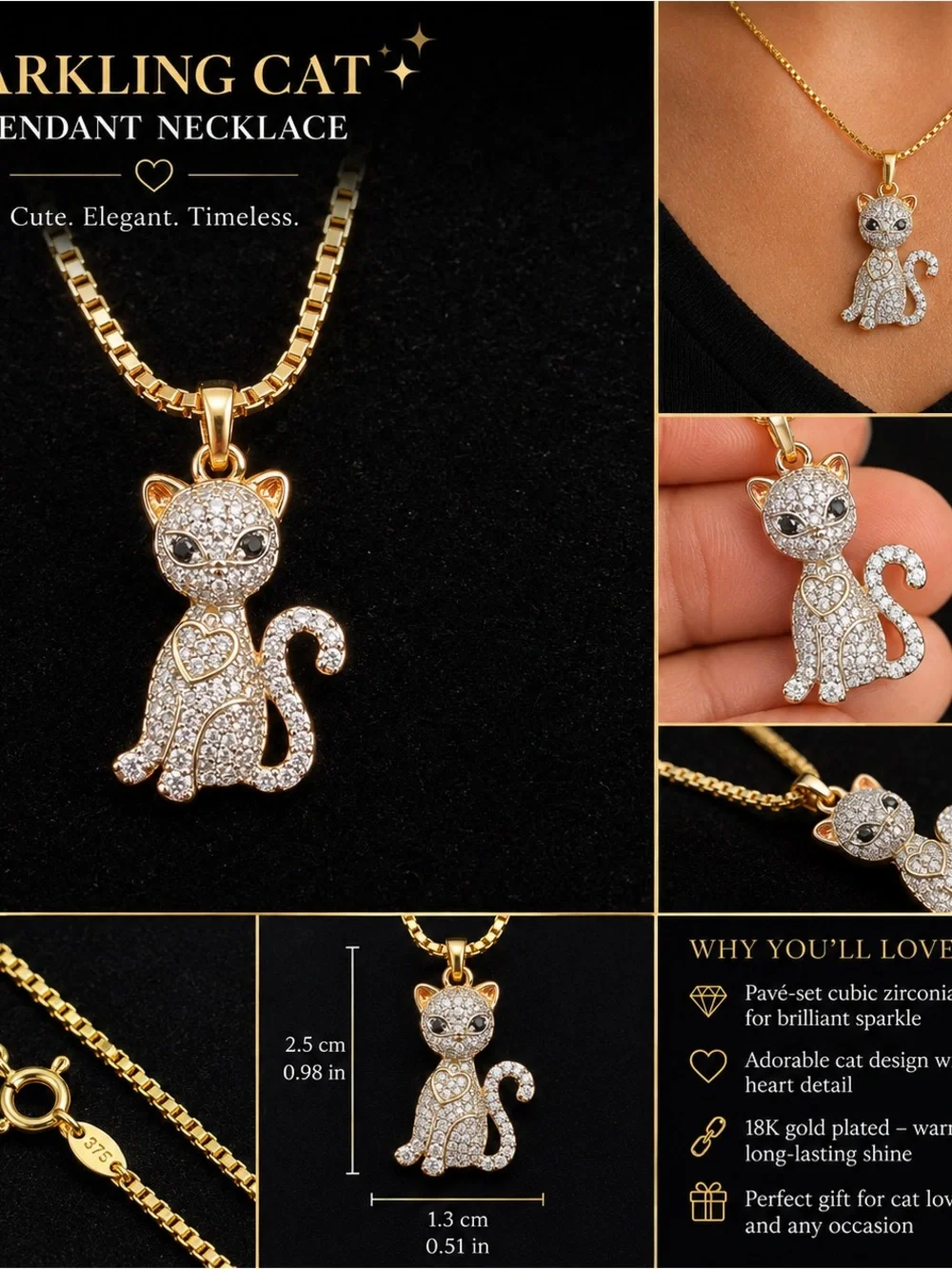 Laminated Gold CZ Kitty Pendant Necklace with Chain